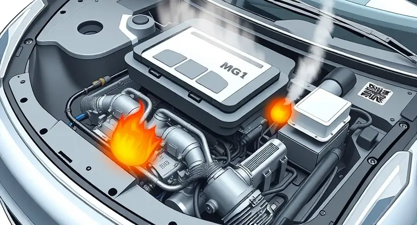 A detailed illustration of a hybrid car's engine compartment, focusing on the MG1 and MG2 motor-generators. Show heat dissipation mechanisms like cooling fins and radiators. Include visual cues representing overheating, such as steam or glowing components. The background should be a clean, technical environment.