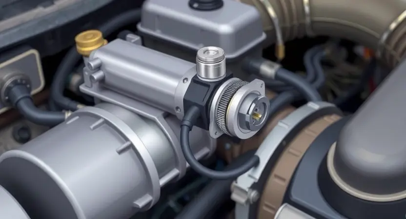 A detailed illustration of a car's engine bay, focusing on the solenoid valve for pressure control (E). The solenoid should be clearly visible, with wiring and hoses connected. Show potential signs of electrical malfunction, such as a loose wire or a slightly corroded connector. The background should be slightly blurred to emphasize the solenoid.