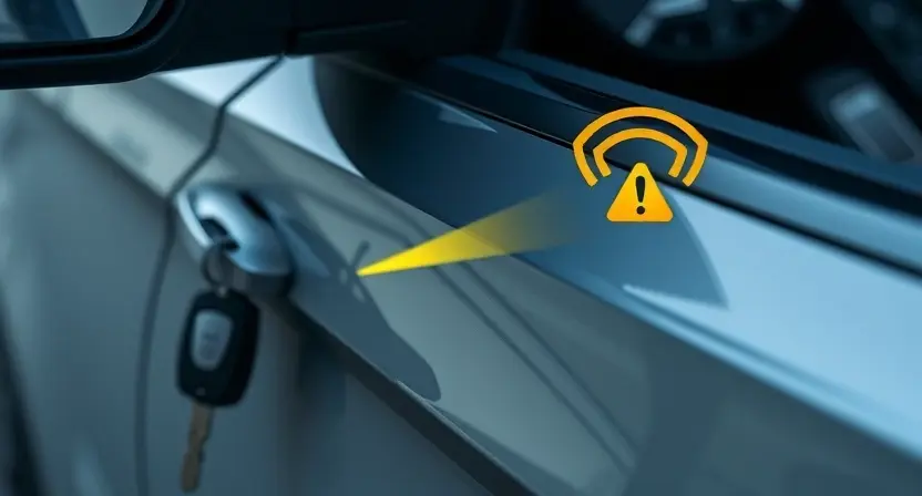 A car with a key fob near the door handle, showing a subtle antenna line glowing faintly on the vehicle's body, with a small warning icon (yellow triangle with exclamation) hovering near the antenna area, soft daylight, realistic automotive detail, no text or labels