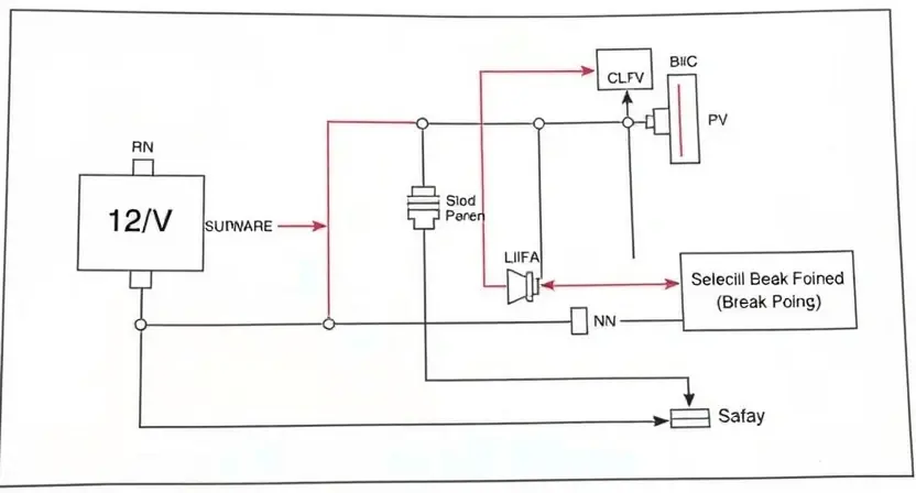 A detailed schematic diagram of an automotive engine control system, highlighting the 12V voltage supply and wiring for a specific sensor. The diagram should show potential break points in the wiring. Focus on clarity and technical accuracy.