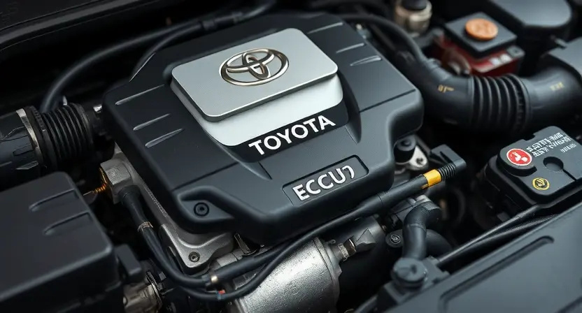 A close-up shot of a Toyota engine bay, focusing on the engine control unit (ECU) and related sensors. The engine should appear clean and well-maintained. Subtle lighting to highlight the components.