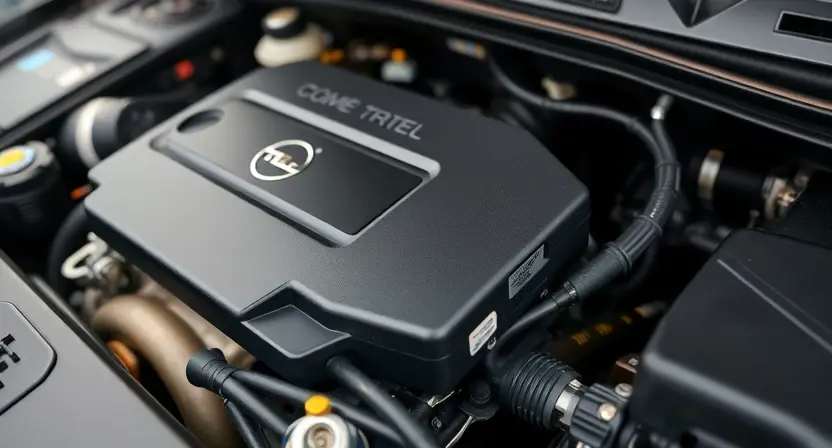 A close-up, detailed image of an Opel car's engine bay. Focus on the engine control unit (ECU) and related wiring harness. The engine should appear clean and well-maintained. The overall lighting should be bright and even, highlighting the components. The background should be slightly blurred to emphasize the engine components. The image should convey a sense of technical precision and automotive expertise.