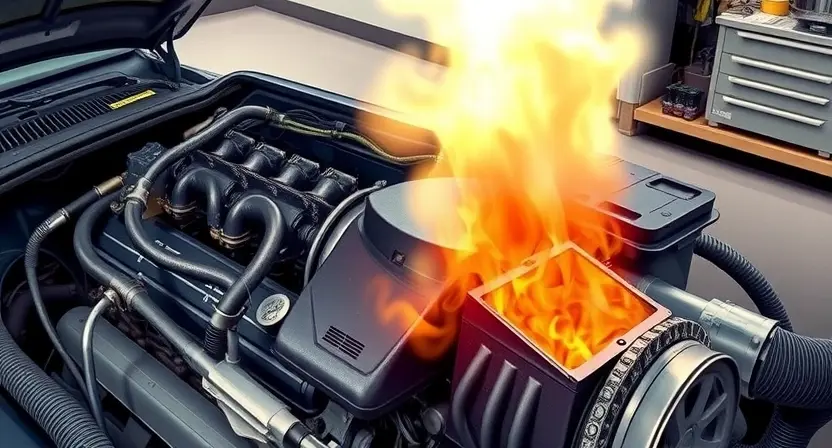 A detailed illustration of an engine overheating, showing steam coming from the engine block and coolant overflow. The engine is partially visible, with visible hoses and components. The background should be a slightly blurred garage setting.