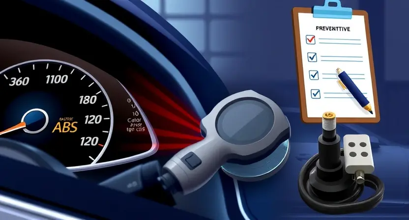 A detailed, realistic illustration of a car’s ABS system in action: a close-up of a vehicle dashboard showing the ABS warning light illuminated, a mechanic in a workbench environment holding a diagnostic scan tool, and a visible wheel hub with an ABS sensor attached. The scene should emphasize preventive maintenance, with a subtle background of a car’s engine bay and a maintenance checklist on a clipboard, all rendered in a high-quality, technical style.