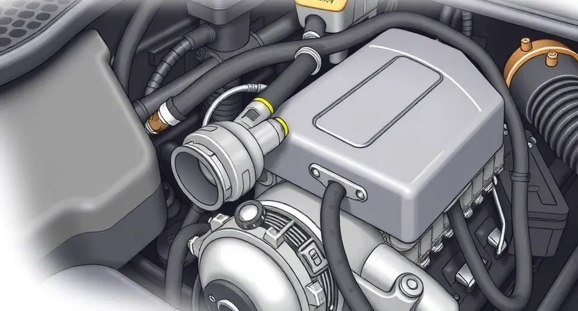 A detailed illustration of an automotive engine bay, focusing on the area around the oxygen sensor in Bank 2. The image should clearly show the sensor, wiring, and associated components. Include visual cues indicating a potential issue, such as a slightly discolored sensor or a loose wire. The background should be slightly blurred to emphasize the engine components.