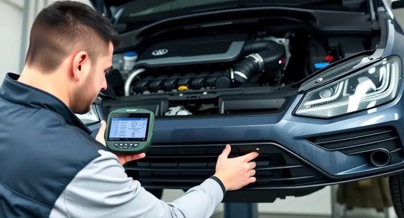 A mechanic using a diagnostic scanner to check the throttle body in a VAG (Volkswagen Audi Group) car. The car should be lifted on a hydraulic lift, revealing the engine bay. The mechanic is focused on the engine and the scanner display. Focus on the engine compartment and the diagnostic process.