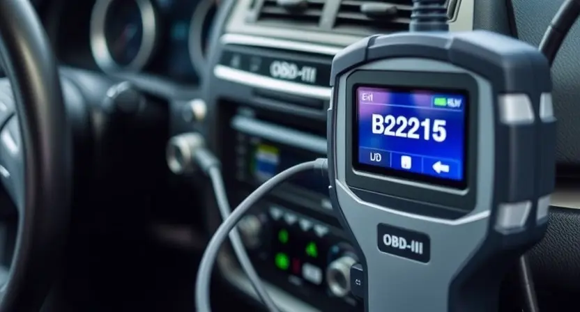 A close-up view of a car's diagnostic equipment connected to the vehicle's OBD-II port, displaying the error code B2215 on the screen. The equipment should be modern and professional, with various cables and connectors visible. The background should show the interior of a car, focusing on the dashboard and the area around the OBD-II port.