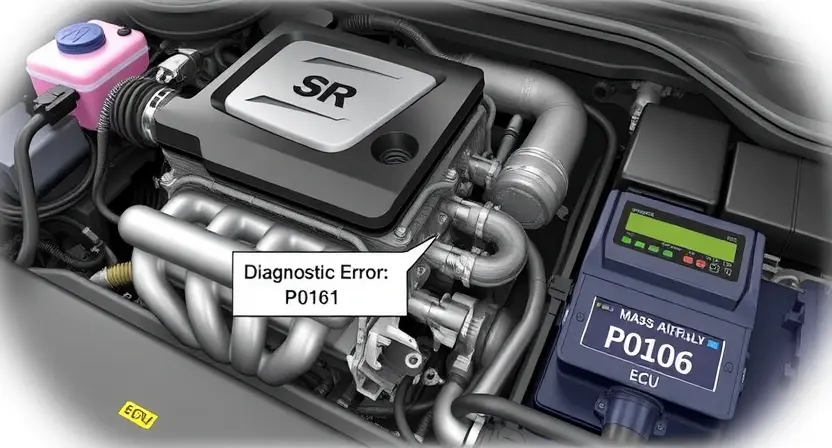 A detailed illustration of a car engine with a diagnostic error code P0106 highlighted. The engine should be realistically rendered, showing various components like the intake manifold, mass airflow sensor, and engine control unit (ECU). The error code should be clearly visible on a digital display near the ECU.