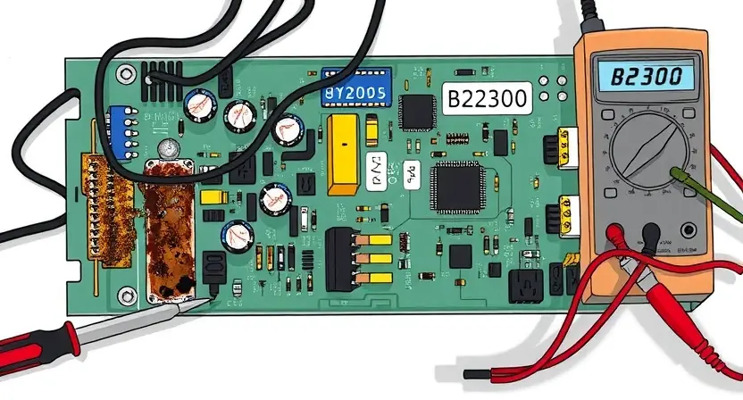 A detailed illustration of a malfunctioning electronic module labeled B2300, showing visible signs of damage such as burnt components, loose connections, or corrosion. The image should include a close-up view of the module with clear indicators of the issues, such as discolored or swollen capacitors, broken traces, or overheated areas. The background should be a clean, neutral workspace with basic tools like a multimeter and screwdriver to suggest a diagnostic or repair scenario.