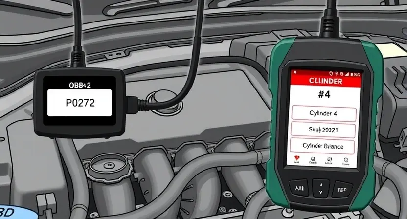 A detailed illustration of an OBD-2 scanner connected to a car's engine bay. The engine bay should show a clear view of the cylinder #4, highlighting its position and any potential issues. The scanner's display should show the P0272 error code and a visual representation of the cylinder balance.