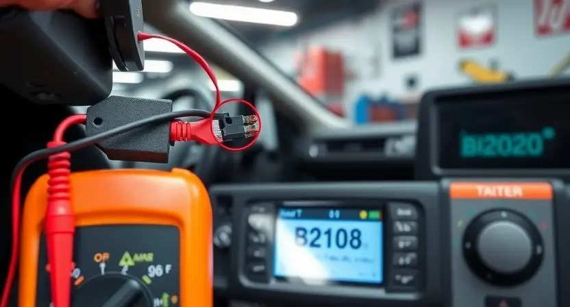 A close-up of a car's keyless entry antenna circuit with visible wiring, a multimeter testing for continuity, and a diagnostic tool displaying error code B2108 on its screen, set in a well-lit automotive repair workshop with tools and car interior details in the background