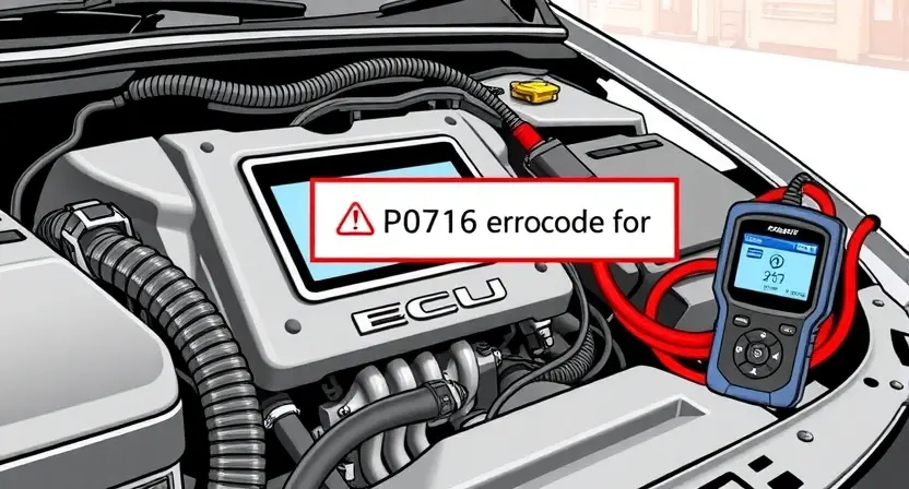 A detailed illustration of a car's engine control unit (ECU) with various diagnostic tools connected, highlighting the P0716 error code indicator. The background should be a clean, professional automotive workshop setting.