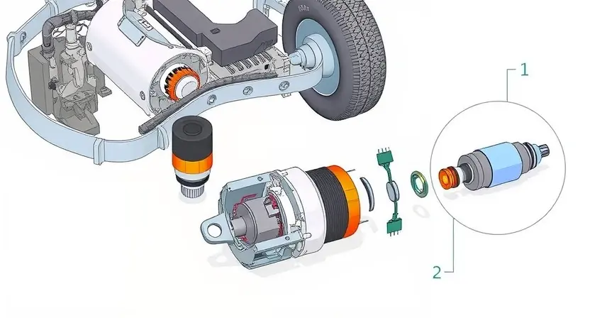 A detailed technical illustration of a car's body position sensor. The image should show the sensor's physical location on the vehicle chassis, highlighting its connection to the body structure. Include an exploded view of the sensor itself, showing its internal components (e.g., potentiometer, wiring). The background should be a clean, neutral color to emphasize the sensor and its surroundings. Focus on clarity and technical accuracy.