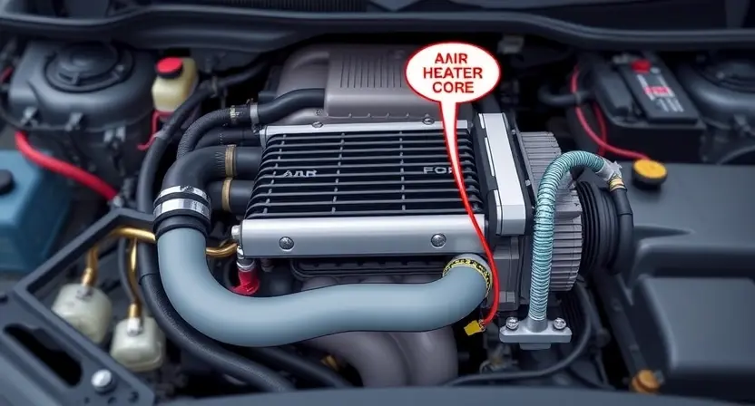 A detailed illustration of a car's engine bay, specifically highlighting the air intake heater circuit. Show the heater core, hoses, and wiring connected to it. The background should be slightly blurred to emphasize the components.