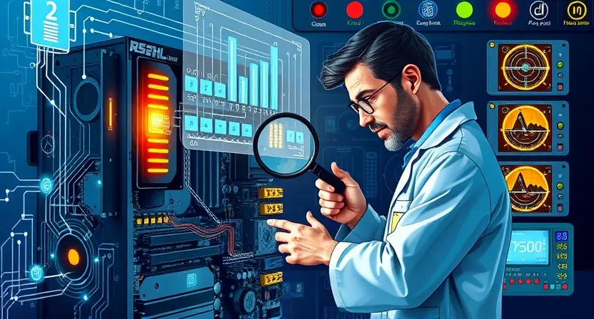 A detailed, high-quality illustration showing a modern electronic device (such as a computer motherboard or industrial control panel) with glowing diagnostic indicators, a technician in a lab coat examining it with a magnifying glass, surrounded by floating holographic schematics, circuit diagrams, and diagnostic tools like multimeters and oscilloscopes, all rendered in a realistic, technical style without any visible text or numbers.
