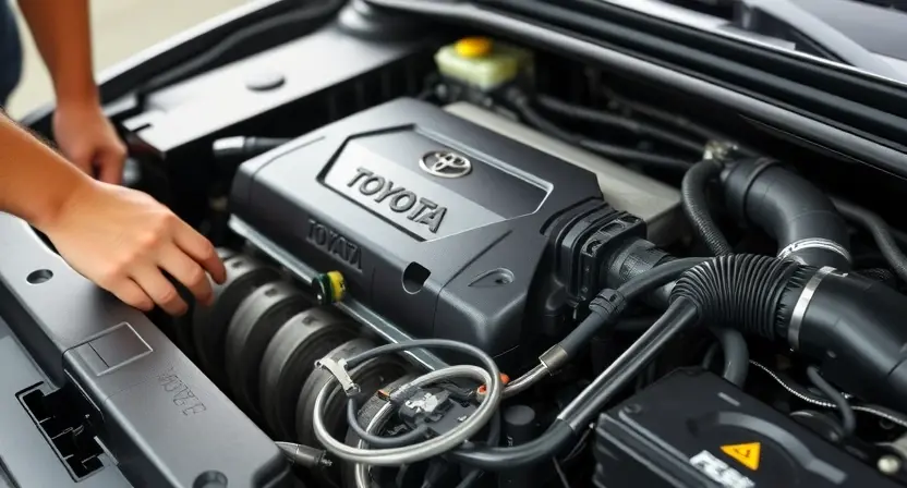 A close-up shot of a Toyota engine bay with a mechanic inspecting the engine. Focus on the engine control unit (ECU) and related wiring. The engine should appear clean and well-maintained.