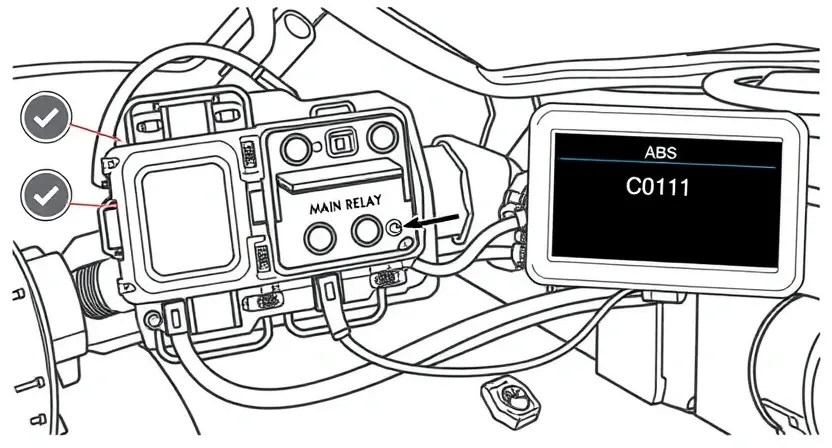 A detailed technical illustration of an automotive ABS system showing the main relay and solenoid valves, with highlighted wiring and error code C0121 displayed on a diagnostic screen, clean technical drawing style, high quality, 832x448