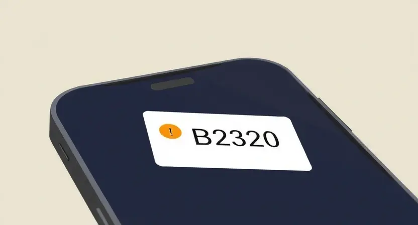 A close-up, detailed illustration of a smartphone displaying an error message related to a front camera malfunction. The phone's screen should show the error code 'B2320' prominently. The camera lens itself should be visibly damaged or obstructed. The background should be a blurred, neutral color, focusing attention on the phone and the error message.