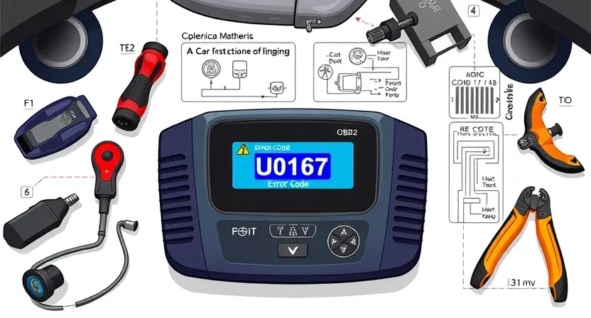 A high-quality technical illustration showing a car's OBD2 diagnostic scanner displaying error code U0167 with warning symbols, surrounded by automotive tools and circuit diagrams, clean background, professional lighting