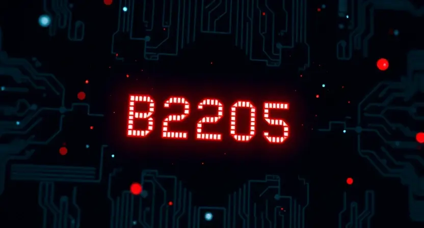 A dramatic close-up of a glowing red error code 'B2205' floating in a dark digital void, surrounded by fragmented circuit patterns and sparks of electricity, symbolizing a critical system failure, with subtle glitch effects and high-tech aesthetic, no text or labels other than the error code itself
