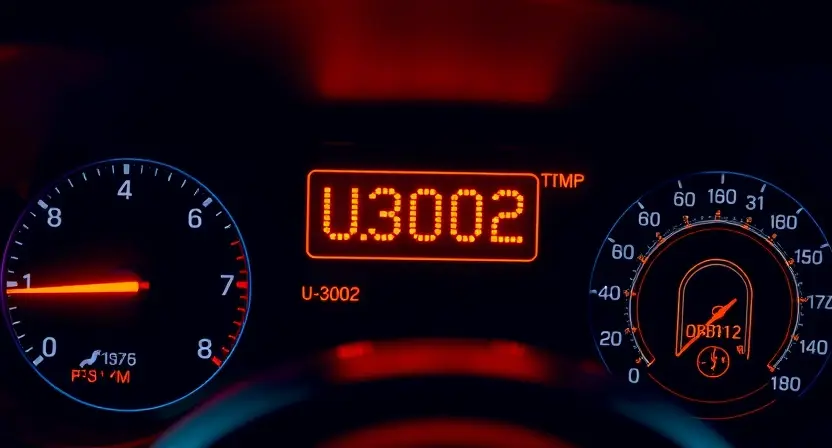 A modern car dashboard with a glowing check engine light displaying error code U3002, surrounded by subtle digital diagnostic icons like wrench symbols, OBD-II scanner interface, and faint circuit board patterns in the background, all in a clean, technical, high-detail style