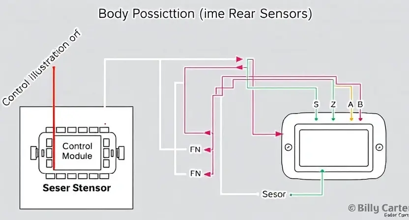 A detailed schematic diagram illustrating a vehicle's body position sensor circuit, specifically focusing on the rear sensors. Highlight the sensor itself, wiring connections, and the relevant control module. Use clear, technical illustrations to depict the circuit's components and their interrelationships.