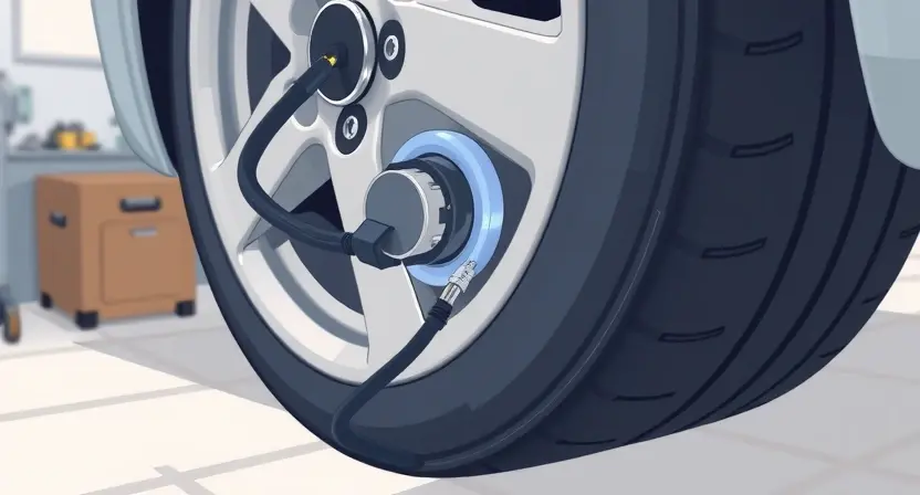A close-up view of a car's front wheel speed sensor and its wiring harness, depicted in a clean, technical illustration style with a focus on the sensor component and connector, set against a neutral workshop background with soft lighting to highlight mechanical details