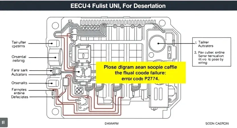 A detailed schematic diagram of an automotive engine control unit (ECU) with highlighted areas representing potential failure points related to error code P2714. Include visual representations of sensors, actuators, and wiring. The diagram should be clean and professional, suitable for technical documentation.