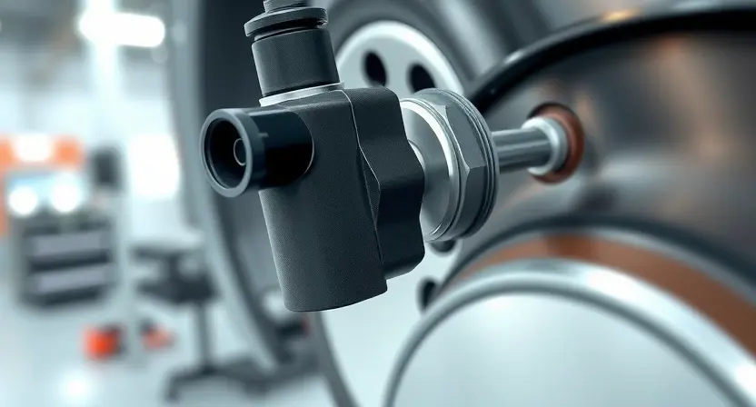 A close-up, high-quality technical illustration of a modern car's brake system component, specifically highlighting a pressure sensor on the brake line. The image should show the sensor connected to the hydraulic line with a visible electrical connector, set against a clean, blurred automotive workshop background. The focus is on the mechanical details and the sensor's integration into the ABS/ESP system, with no text or labels present.
