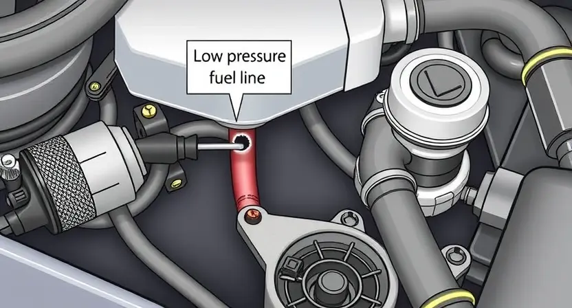 A detailed illustration of a car's fuel system, specifically highlighting the low-pressure fuel line and related components. Include visual cues indicating a potential issue, such as a slightly discolored or damaged line. Focus on clarity and technical accuracy.