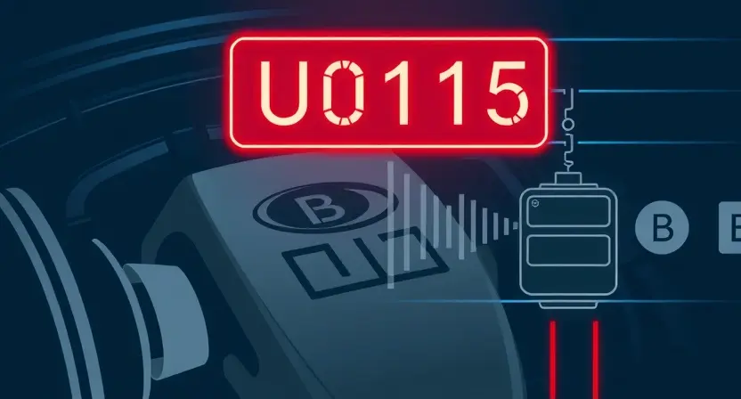 A stylized automotive diagnostic scene showing a car engine with a glowing red error code 'U0115' floating above it, connected by dashed lines to a stylized Engine Control Module (ECM) labeled 'B', with subtle circuit patterns and digital signal waves indicating lost communication, all in a clean, technical, high-detail vector-art style with muted blues and grays, no text or labels visible except the error code itself