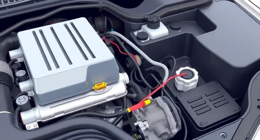 A close-up, detailed illustration of a car's engine bay. Focus on the engine control unit (ECU) and related sensors. Highlight the wiring and connections. The overall image should convey a sense of technical precision and diagnostic inspection.