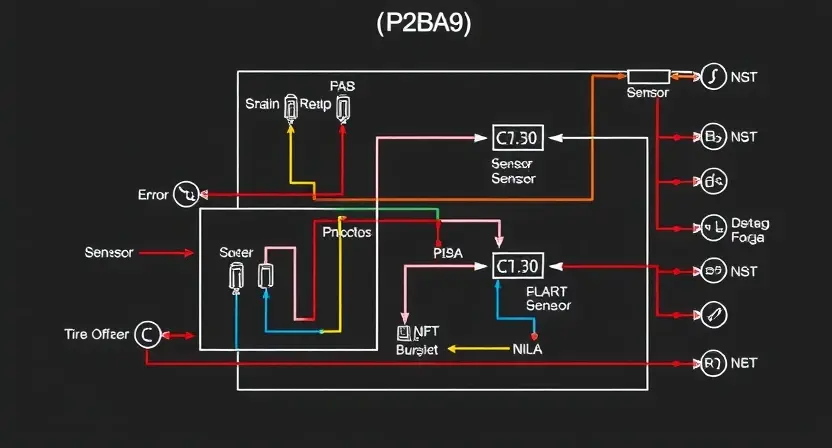 A detailed schematic diagram illustrating the P2BA9 error code in a car's engine control unit (ECU). The diagram should show the relevant sensors, actuators, and wiring connections associated with the error. Include visual cues to indicate the potential causes of the error, such as a faulty sensor or a wiring issue.