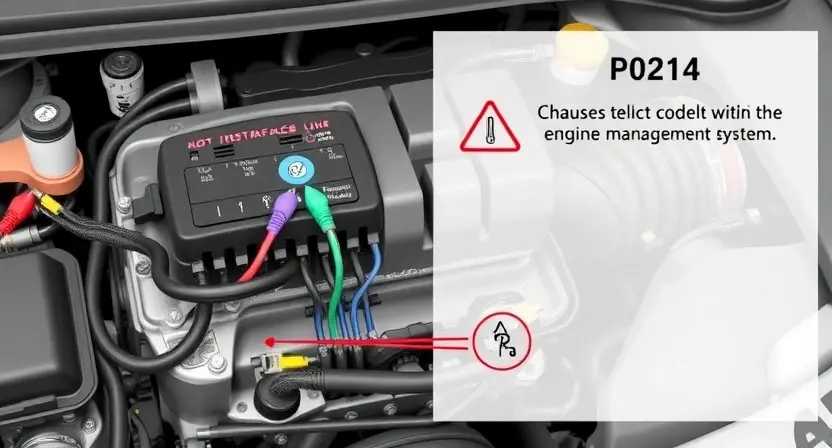 A detailed illustration of a car's engine control unit (ECU) with various diagnostic tools connected. Focus on the wiring harness, sensors, and diagnostic interface. The image should clearly depict the P0214 error code and its potential causes within the engine management system.