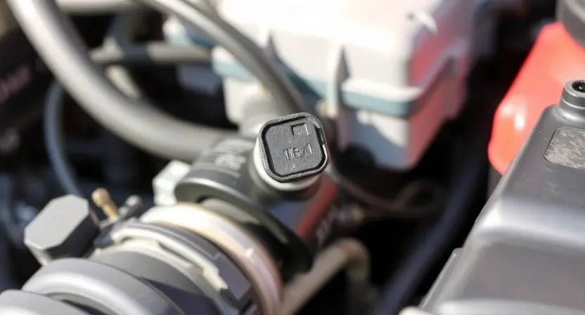 A close-up image of a car's engine bay, focusing on the intake air temperature sensor. The sensor should be clearly visible, along with some surrounding engine components like hoses and wires. The overall lighting should be bright and clean, highlighting the sensor's details. The image should convey a sense of automotive repair and diagnostics.