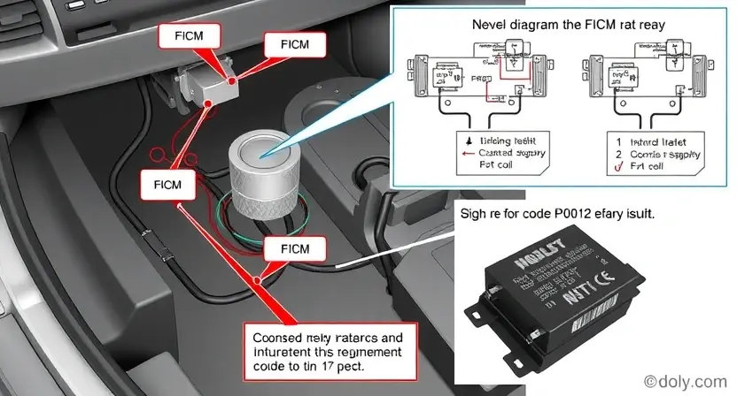 A detailed illustration of a car's electrical system, specifically highlighting the FICM relay circuit. Include wiring diagrams, the FICM unit itself, and a visual representation of the P0612 error code. Focus on clarity and technical accuracy.