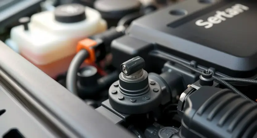 A close-up of a car engine bay, focusing on the temperature sensor and its wiring. The engine should be clean and well-maintained. The sensor should be clearly visible, and the wiring should be neatly organized. The overall lighting should be bright and professional, highlighting the details of the components.