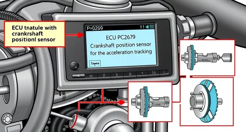 A detailed illustration of an engine control unit (ECU) with a highlighted P0269 error code displayed on its screen. The image should show the PCM module and its connection to the crankshaft position sensor. Include visual representations of the crankshaft and its rotation, illustrating the acceleration tracking process. The background should be a clean, technical environment.