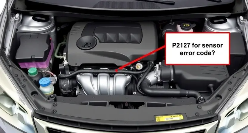 A detailed illustration of a car engine with a highlighted sensor or component related to the P2127 error code. The engine should be clean and well-lit, showcasing its internal parts. Focus on the area where the error might originate.