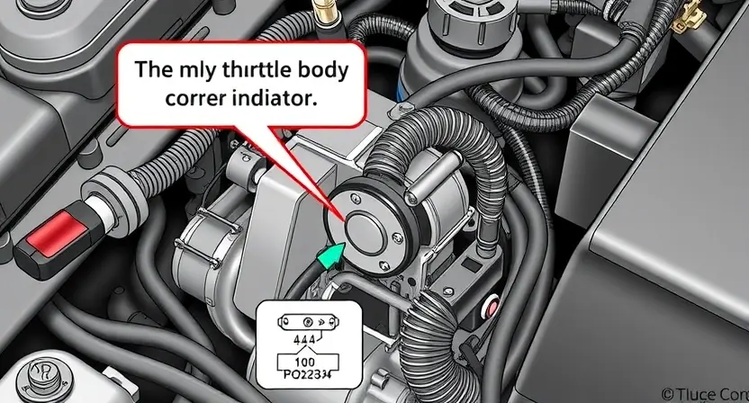 A detailed illustration of a car's throttle body assembly, highlighting the P0223 error code indicator and associated components. Include diagrams showing the connections and potential causes of the error. Focus on technical accuracy and clarity.