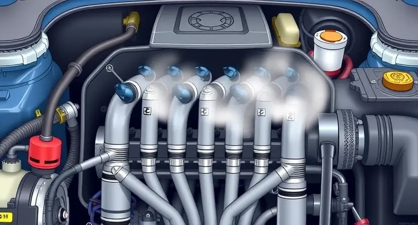 A detailed illustration of a car engine's fuel system, specifically highlighting the fuel injectors and intake manifold. The image should visually represent a lean fuel mixture issue, perhaps with subtle visual cues like a slightly hazy or incomplete combustion effect within the cylinders. Focus on the internal components and their relationship to fuel delivery.