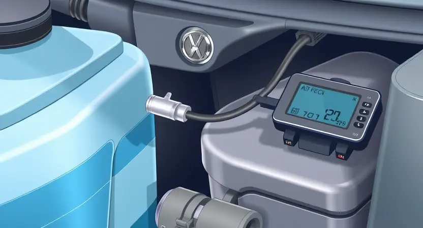 A detailed illustration of a car's AdBlue system, highlighting the temperature sensor and its connection to the control unit. The image should clearly show the sensor's location near the AdBlue tank, and the wiring connecting it to the electronic control unit (ECU). Focus on the sensor's physical appearance and its integration within the system. Include subtle visual cues indicating the sensor's function in monitoring temperature for optimal AdBlue performance. The overall aesthetic should be cl