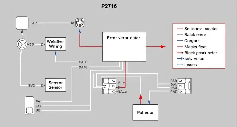 A detailed schematic diagram illustrating the P2716 error code in a vehicle's engine control unit (ECU). The diagram should show the relevant sensors, actuators, and wiring associated with the error, with arrows indicating the flow of data. Include visual cues to represent potential causes of the error, such as a faulty sensor or a wiring issue. The overall style should be clean, technical, and informative.