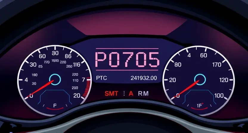 A detailed illustration of a car's dashboard with a diagnostic trouble code (DTC) display showing "P0705". The dashboard should be brightly lit, showcasing the code clearly. Include visual cues representing the potential causes of the error, such as a loose or damaged transmission mount, a faulty transmission control module, or a problem with the transmission fluid.