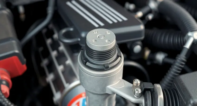 A close-up, detailed image of a car's engine bay. Focus on the mass airflow sensor (MAF sensor) and its surrounding components. The engine should appear clean and well-maintained. Use bright, even lighting to highlight the sensor's details.