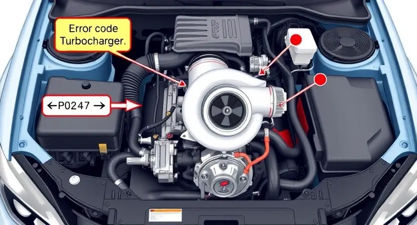 A detailed illustration of a car engine with a turbocharger, highlighting the P0247 error code indicator. The engine should be realistically rendered, with clear labels pointing to the relevant components. Focus on the turbocharger's function and its connection to the engine's performance.