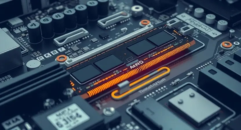 A close-up, detailed illustration of a computer motherboard with a highlighted memory module. The memory module should be clearly visible, with subtle glowing effects to indicate activity. Focus on the components surrounding the memory, showing the connections and circuitry. The overall aesthetic should be clean and professional, emphasizing the technical aspects of the motherboard.