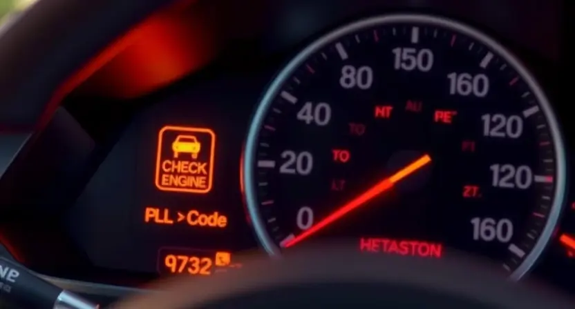 A close-up, detailed illustration of a car's dashboard with the check engine light illuminated. Focus on the warning light and the instrument cluster, subtly suggesting a diagnostic code related to the engine's oxygen sensor. The background should be blurred, emphasizing the dashboard elements. The overall mood should be informative and slightly concerned, representing a car malfunction.