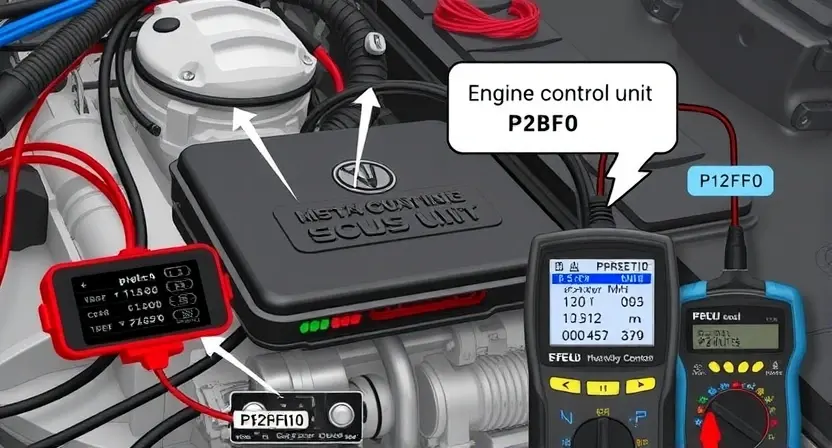 A detailed illustration of an engine control unit (ECU) with various diagnostic tools connected, highlighting a P2BF0 error code. The image should depict a close-up view of the ECU, with wires and connectors clearly visible. Diagnostic tools like a scan tool and a multimeter should be connected to the ECU, displaying error messages and data. The background should be a clean, technical environment.
