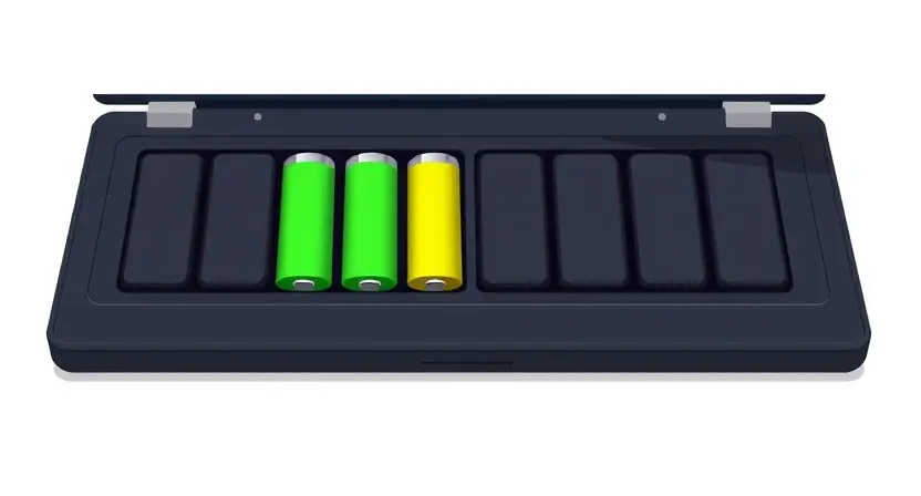 A detailed illustration of a laptop battery with a visual representation of cell imbalance. Show individual battery cells within the battery compartment, with one or more cells depicted as significantly lower in charge or visually degraded compared to the others. Use color gradients to indicate charge levels, with darker shades representing lower charge. Include subtle visual cues suggesting internal damage or corrosion in the unbalanced cells. The background should be a clean, neutral color to